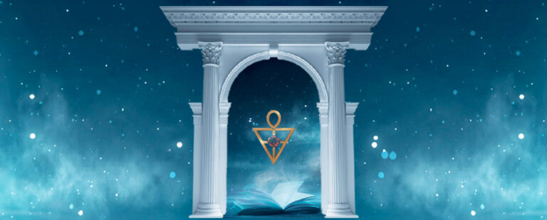 Portail et livre ouvert avec en son centre un triangle, orné d'une rose-croix, symbole de l'Ancien et Mystique Ordre de la Rose-Croix