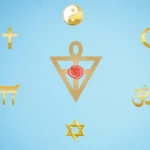 Triangle avec une rose-croix à l'intérieur, symbole de l'A.M.O.R.C., entouré de symboles religieux
