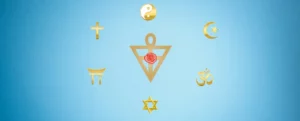 Triangle avec une rose-croix à l'intérieur, symbole de l'A.M.O.R.C., entouré de symboles religieux
